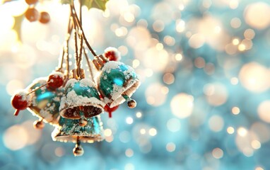 Beautiful Christmas bells adorned with snow and berries, creating a festive and joyful atmosphere with soft bokeh background.