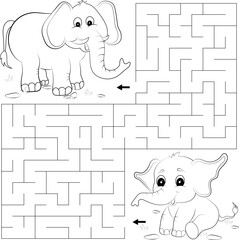 Labyrinth or maze game. Puzzle for kids. Help the elephant find his parent