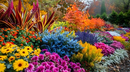 Fototapeta premium Vibrant Autumn Garden with Diverse Colorful Flowers and Plants in Seasonal Display