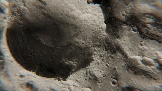 Realistic rendering of the surface of the moon, a crater in the middle camera slowly zooms and rotates
