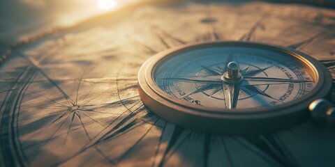 A compass placed on top of an old map, pointing towards the horizon with warm sunlight casting long shadows. Travel and navigation concept.