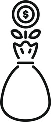 Line icon of a plant growing out of a money bag, representing investment growth and financial success