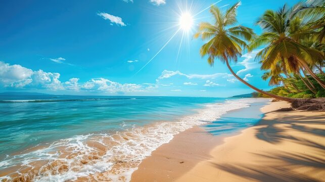 A serene beach scene featuring golden sand, azure water, and palm trees under a bright sun, perfect for relaxation and summer vibes.