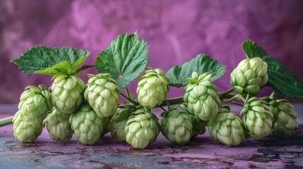 Obraz premium Fresh green hops branch on a purple color background
