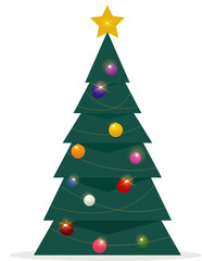 Christmas tree with decoration. New year noel concept with balls and sparkle light. Vector illustration