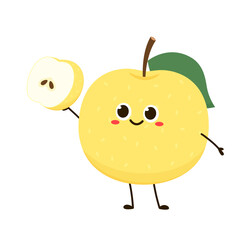 Asian pear whole fruit and half isolated on white background. Vector illustration of tropical exotic fruits in flat style.