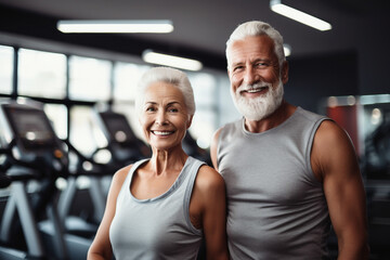 Fototapeta premium Beautiful elderly people attending gym having healthy lifestyle way of life, modern indoors sports space, Generative AI