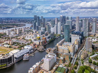 Aerial view of the Canary Wharf business district in London. Panoramia of the skyscrapers in...