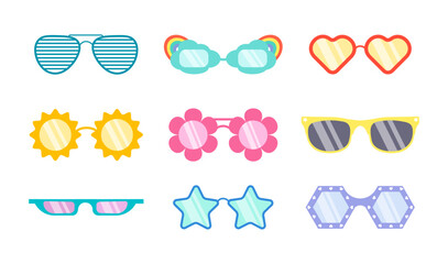 Set of sunglasses. A fashion accessory in stylish forms for parties, an accessory for vision. Summer icons set. Vector illustration. Isolated on white background.