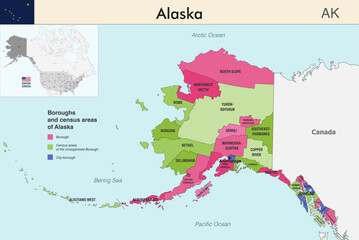 Alaska state map with boroughs and census areas borders. Alaska's at-large congressional district. Flag of Alaska. Vector