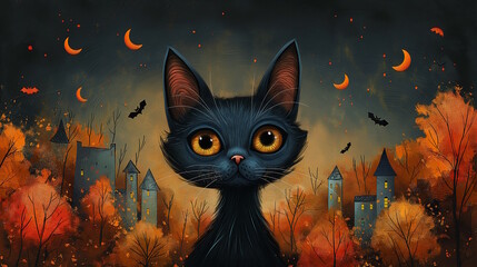 Illustration of a black cat with large orange eyes, surrounded by bats and crescent moons in an autumn forest, concept of Halloween and fantasy