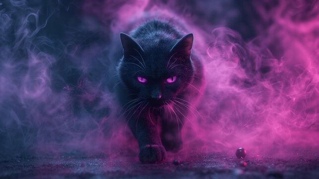Black cat with glowing purple eyes emerging from a cloud of pink smoke, concept of Halloween and mysterious fantasy