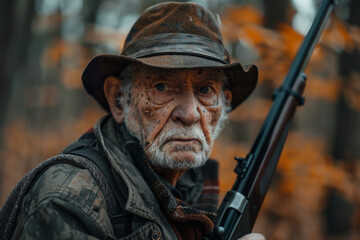 Fototapeta premium Hunter male female shooting from rifle gun in woods safari hunting season, Generative AI