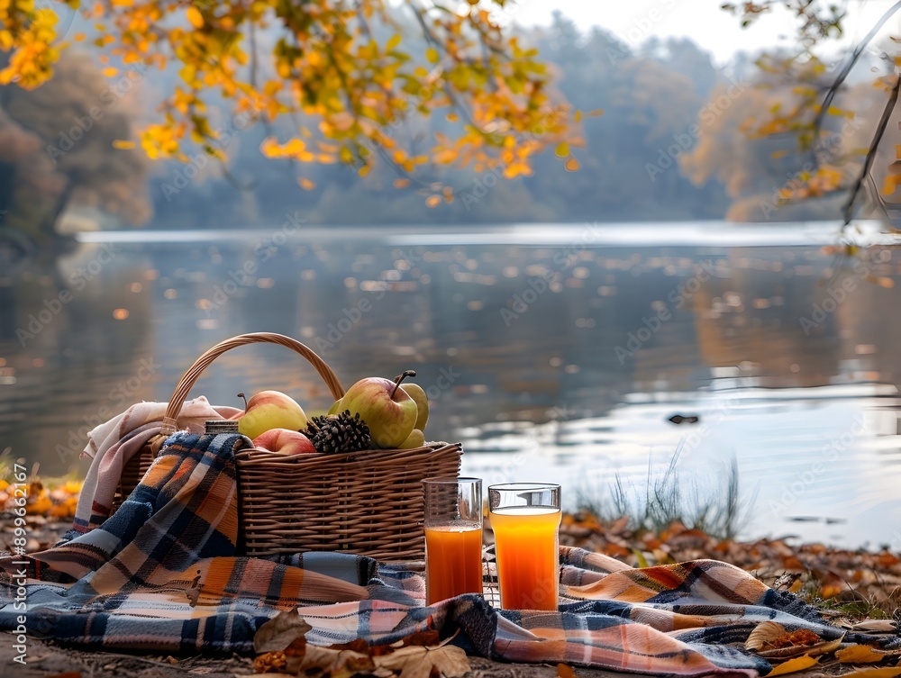 Poster autumnal lakeside picnic with cozy blanket basket and warm drinks amid vibrant foliage