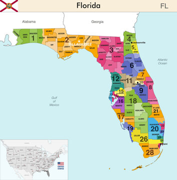 Florida state map with counties borders and colored congressional districts boundaries due to The 2020 United States census and which is valid since 2023. Flag of Florida. Vector