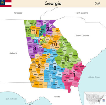 Georgia state map with counties borders and colored congressional districts boundaries due to The 2020 United States census and which is valid from 2025. Flag of Georgia. Vector