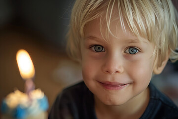 Birthday party with beautiful tasty cake and candles, full family kids pets friends, Generative AI