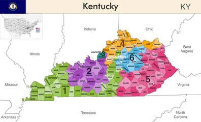 Kentucky state map with counties borders and colored congressional districts boundaries due to The 2020 United States census and which is valid since 2023. Flag of Kentucky. Vector