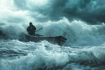 Scary storm day, person in danger under tsunami storm thunderstorm lightning, Generative AI