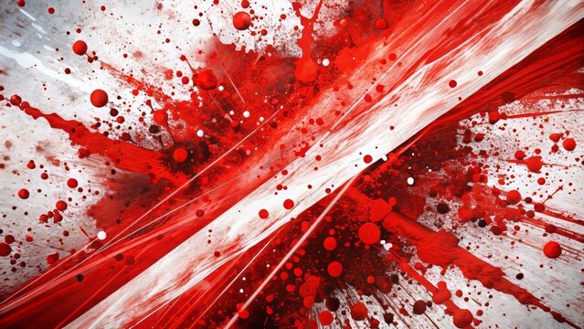 Vibrant red and white splattered paint against a stark background, intersected by a bold, diagonal red line, exuding dynamic energy.