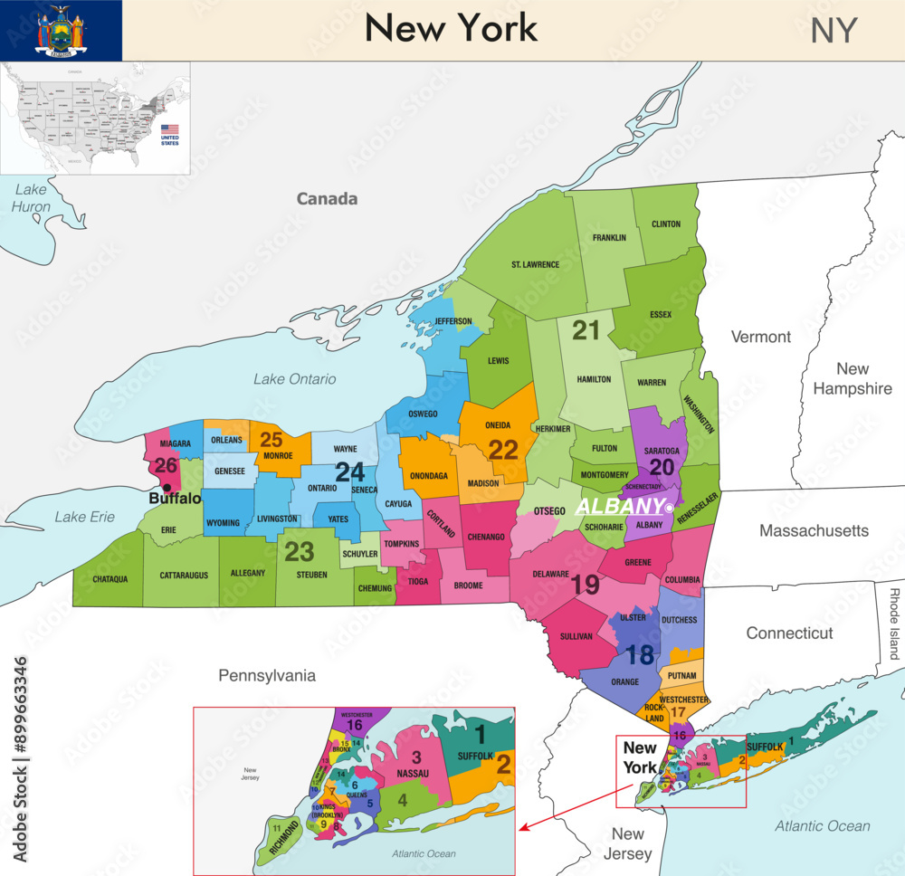 Wall mural New York state map with counties borders and colored congressional districts boundaries due to The 2020 United States census and which is valid since 2023. Flag of New York. Vector