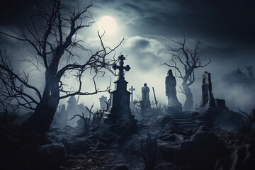 AI generated image of a mysterious dark cemetery at halloween night