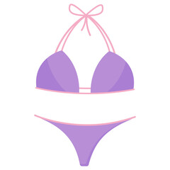 Stylish purple bikini with pink ties for summer beach vacation. Fashionable women's swimsuit in flat style. Vector illustration. Isolated on white background.