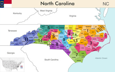 Fototapeta premium North Carolina state map with counties borders and colored congressional districts boundaries due to The 2020 United States census and which is valid from 2025. Flag of North Carolina. Vector