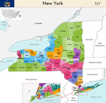New York state map with counties borders and colored congressional districts boundaries due to The 2020 United States census and which is valid since 2023. Flag of New York. Vector
