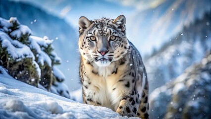 Fototapeta premium Majestic snow leopard with piercing yellow eyes and grey-white spotted fur navigates through a serene snowy mountain winter landscape.