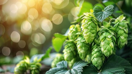 Fresh green hops branch on a warm yellow background 