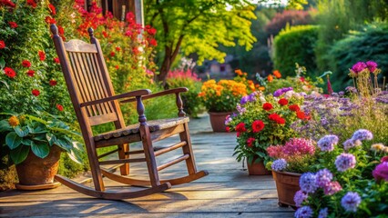 Obraz premium Vibrant blooming flowers surround a worn, wooden rocking chair with a vacant, yet inviting, space on a serene outdoor patio scene.