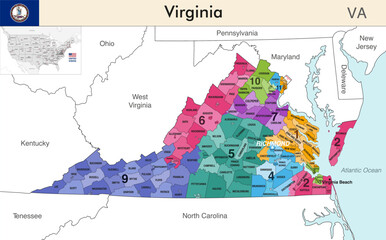 Obraz premium Virginia state map with counties borders and colored congressional districts boundaries due to The 2020 United States census and which is valid since 2023. Flag of Virginia. Vector