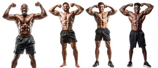 Pack of Happy male full body athlete flexing muscle set against transparent background