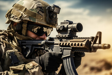 Fototapeta premium Portrait of a male equipped soldier in military uniform with weapon