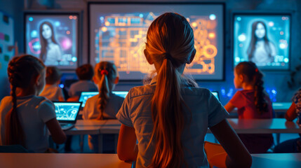 Fototapeta premium Artificial Intelligence in School: Children and Technologies. Innovations in School Education. Interactive Classroom. 