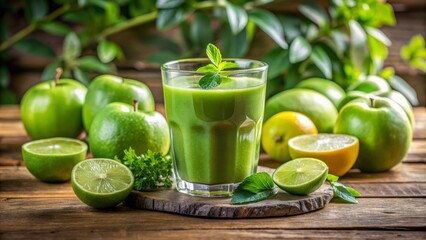 Fototapeta premium Freshly squeezed green juice in a sleek glass, surrounded by lush foliage, green apples, and vibrant lime wedges on a wooden table.