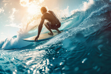 Hot summer day with beloved hobby, man woman child pet surfing catching waves sea ocean Generative AI