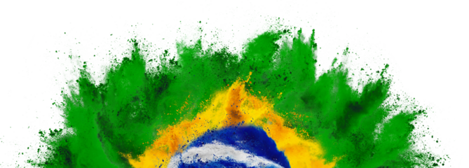 colorful brazilian flag green yellow blue color holi paint powder explosion isolated white background. Brazil south america celebration soccer and travel tourism concept.