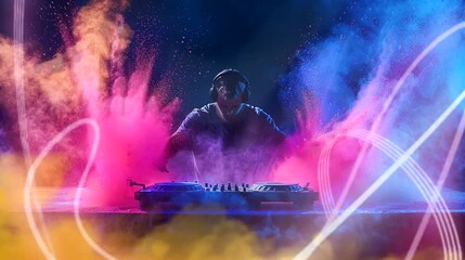 DJ Performing with Colorful Smoke Effects. Seamless looping time-lapse 4k video animation background - Powered by Adobe