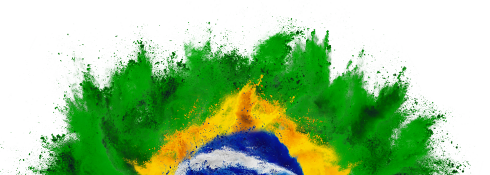 colorful brazilian flag green yellow blue color holi paint powder explosion isolated white background. Brazil south america celebration soccer and travel tourism concept.