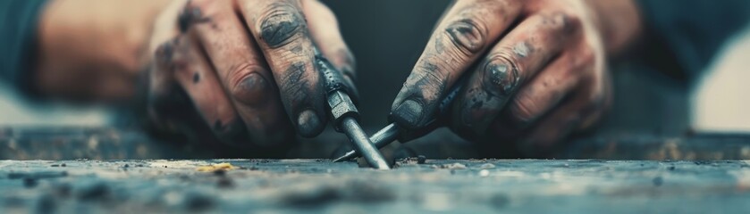 Close-up of skilled hands working with metal tools, showcasing craftsmanship and precision in a workshop environment.