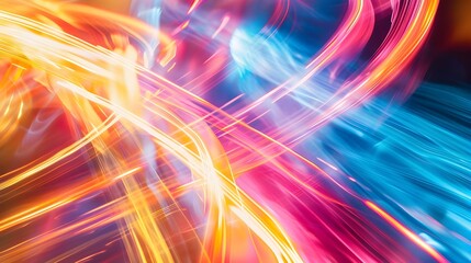 Colorful light streaks in shades of pink, blue, and orange, creating a sense of motion and energy against a dark background