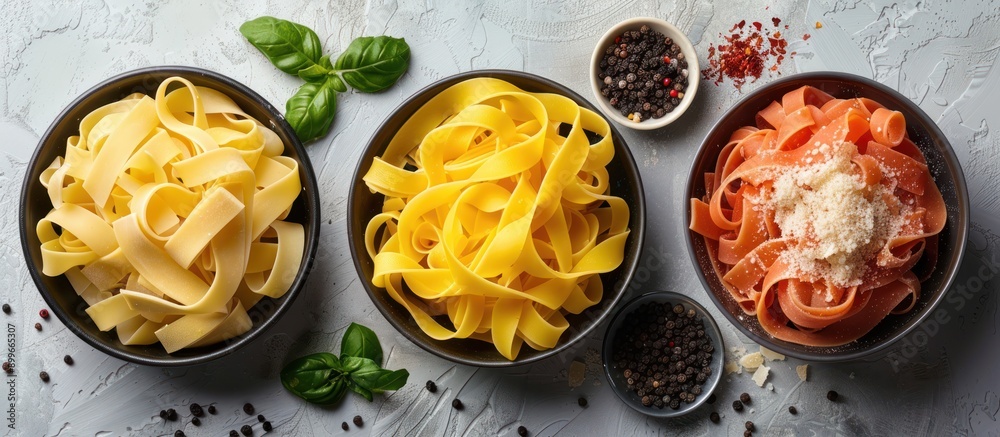 Poster Three Bowls of Pasta with Different Flavors