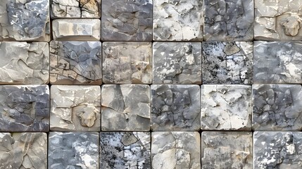 Close-up of a stone wall texture with uneven, rugged stones in varying shades of grey.