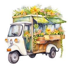 Obraz premium Cute rickshaw decorate to be the mobile flower shop in watercolor style