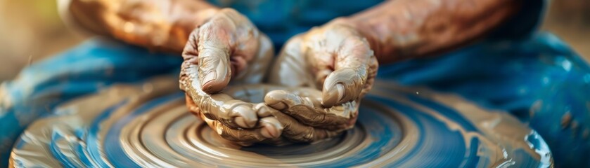 Craftsman shaping clay on a pottery wheel, showcasing the art of ceramics and handmade artistry with skilled hands.