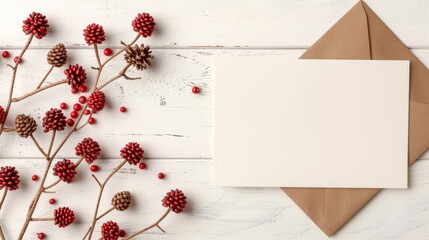 Elegant blank card with brown envelope and vibrant red berries on a rustic wooden background. Perfect for seasonal greetings.