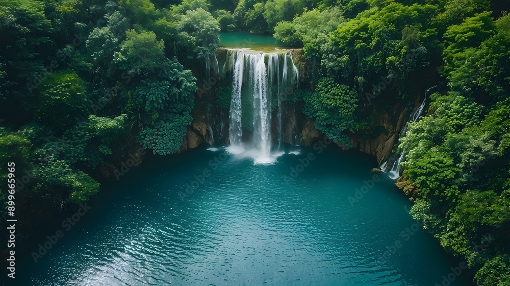 Poster cascading waterfall surrounded by lush tropical greenery in serene nature landscape