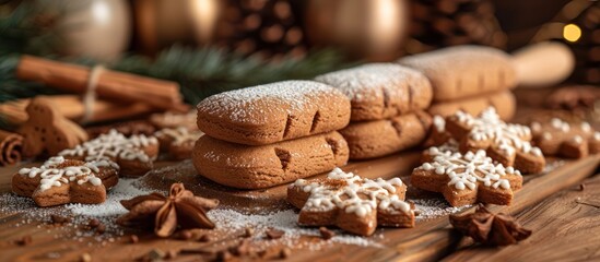 Gingerbread Cookies on Wooden Table with Spices